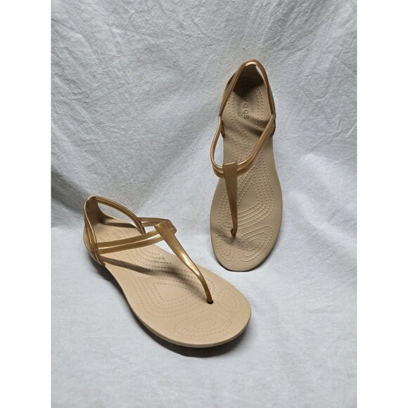 Crocs Isabella Sandals Tan Gold T-Strap Jelly Thong Women Size 8 - Picture 1 of 8